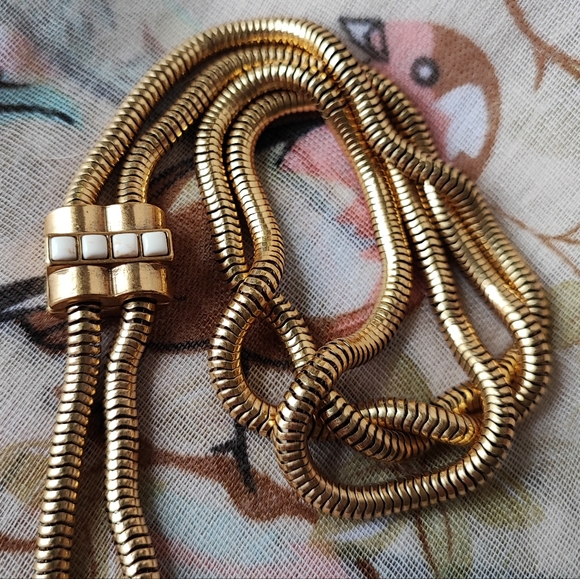 Stella and Dot Signed Brass Tone Long Slide Snake Chain Necklace Dual Tassels - Picture 6 of 10